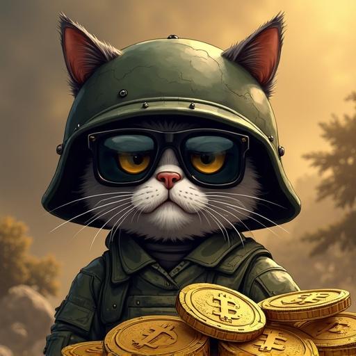 Meme coin cartoon theme features a serious cat wearing army attire with dark glasses and a helmet surrounded by gold coins in a war-like background.