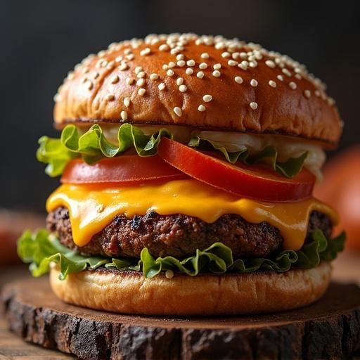 A visually appealing cheeseburger with sesame seed bun, lettuce, tomato, and melted cheese. Juicy patty, vibrant colors, and close-up detail.