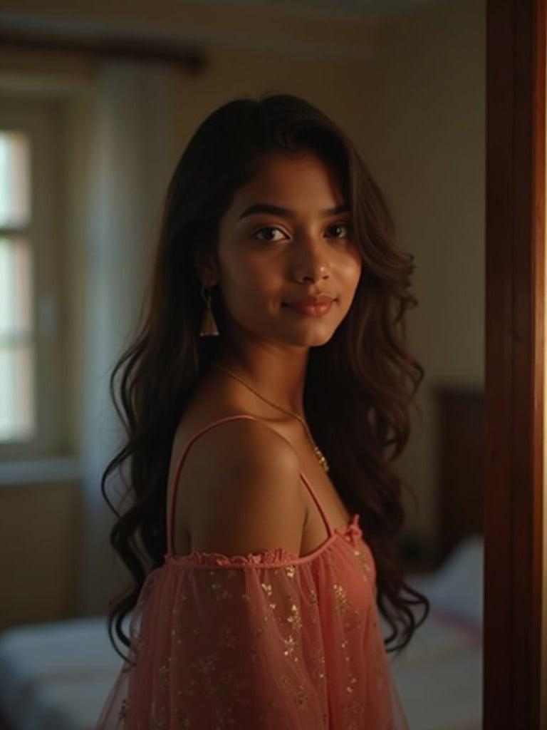 Portrait in bedroom with soft lighting. Subject in night clothes with long wavy hair. Reflection in the mirror. Room decorated warmly.