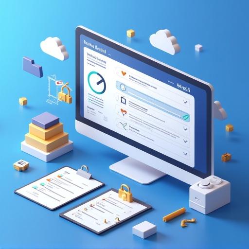Isometric 3D illustration of secure clinical trials audit log dashboard on computer screen. Display JSON to PDF export options. Show checklist with regulatory items GCP NPRA ISO. Include digital lock icons. Add glowing timestamp trail. Background has abstract compliance icons file folders clipboard with checkmarks. Use clean futuristic blue theme with gold highlights.