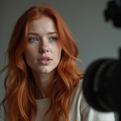 A girl with red hair talks to a camera during a zoom meeting. She is engaged in communication. Warm colors are present. The background is unobtrusive. The camera is positioned towards her. Soft lighting enhances her features.