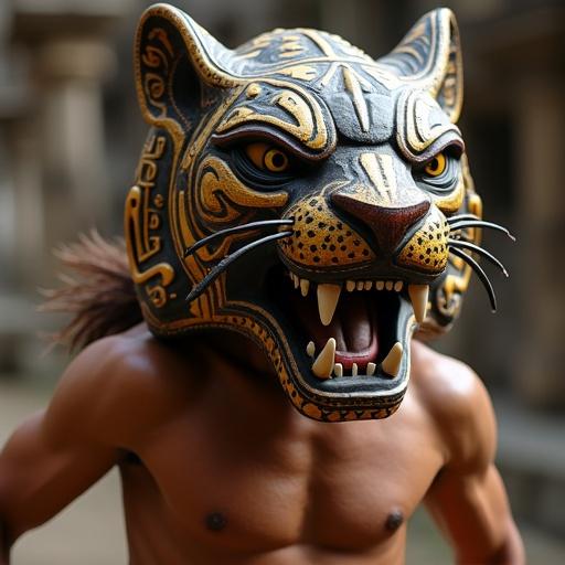 A ceremonial Maya warrior dancer wears a large jaguar mask. The mask has carved fangs and feline eyes. It sits like a helmet and has ears and glyph decorations. The colors are black ochre and gold. The mouth of the mask is open in a silent roar. The dancer's chest is painted, and the movement is powerful and grounded.