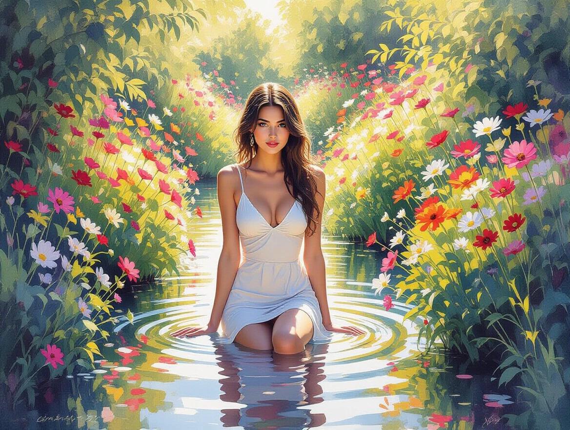A woman is standing in a sunlit river. The garden is filled with blooming wildflowers. The artwork reflects a blend of distinct artistic styles. There is a harmonious blend of chaos and beauty. Illustrative and watercolor techniques are prominently used.