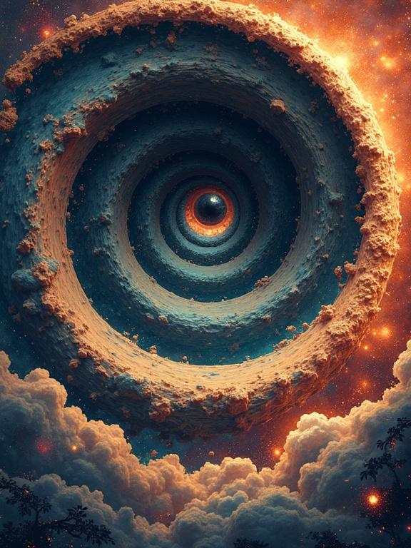 A vector art illustration displaying a spiraling design from the center with an eye at the core. The spiral expands outward while vibrant cosmic colors fill the background.