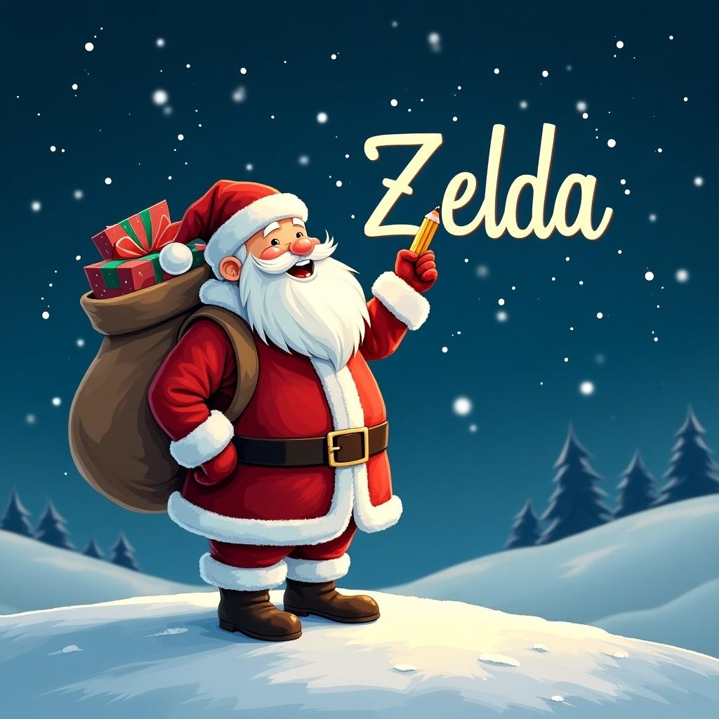 Realistic Santa Claus on snowy hill under starry night. Writing names in sky with pencil. Dressed in red and white with large sack of gifts. Name 'Zelda' in whimsical font.