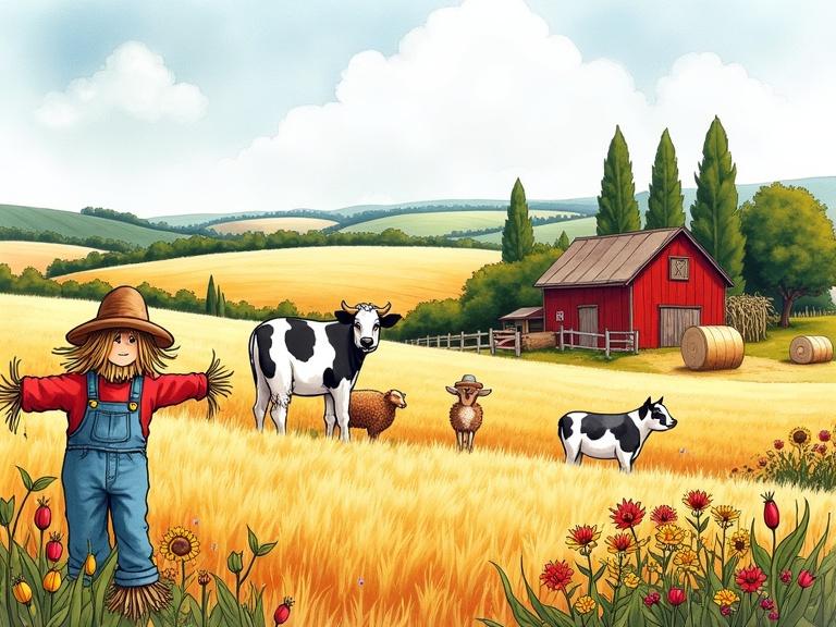 A painting depicting a farm filled with animals like cows, sheep and goats. A wheat field with hay bales is nearby. In the distance, fields of sunflowers and corn can be seen along with rosehip bushes and tall poplars. The foreground showcases wild field grasses and flowers along with a cute scarecrow. The artwork displays a watercolor splash with black ink style outlines.