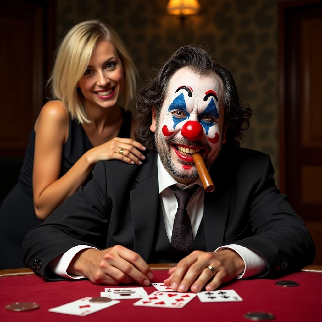 Albano Carrisi plays poker. A blonde girl stands behind him and touches他的 shoulder. A clown character holds oversized playing cards at a poker table.