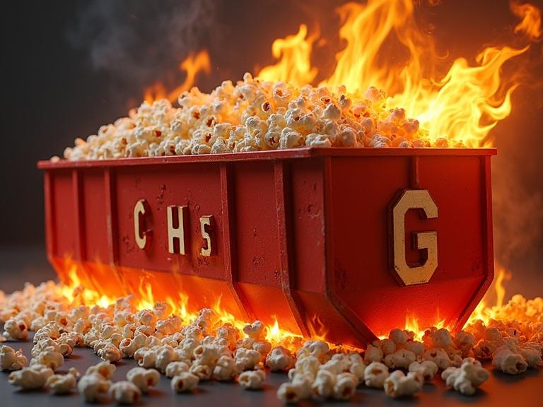 A hyperrealistic dumpster on fire filled with popcorn initials GCBHS visible on the side. Popcorn scattered around.