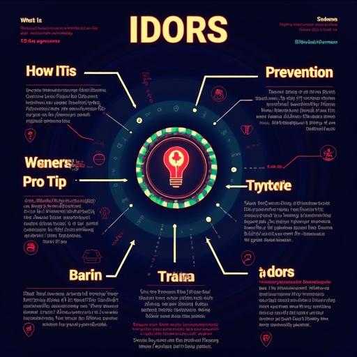 Professional cybersecurity infographic about IDORS with explanations. Visual diagram or metaphor showing operation. Advanced exploitation tip for ethical hacking included. Techniques for prevention presented. Modern, clean style. Dark theme with neon accents. Includes icons and labeled sections. Arabic and English bilingual labels. Suitable for Instagram.
