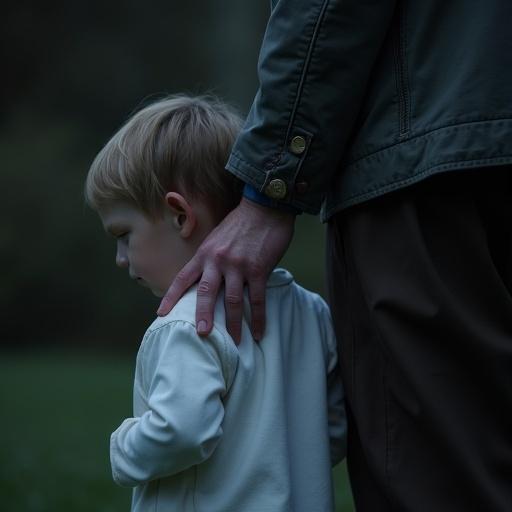A close-up night scene shows the hand of an elderly man on the shoulder of a young child. The child wears a white outfit. The setting is dark, emphasizing the intimate moment.
