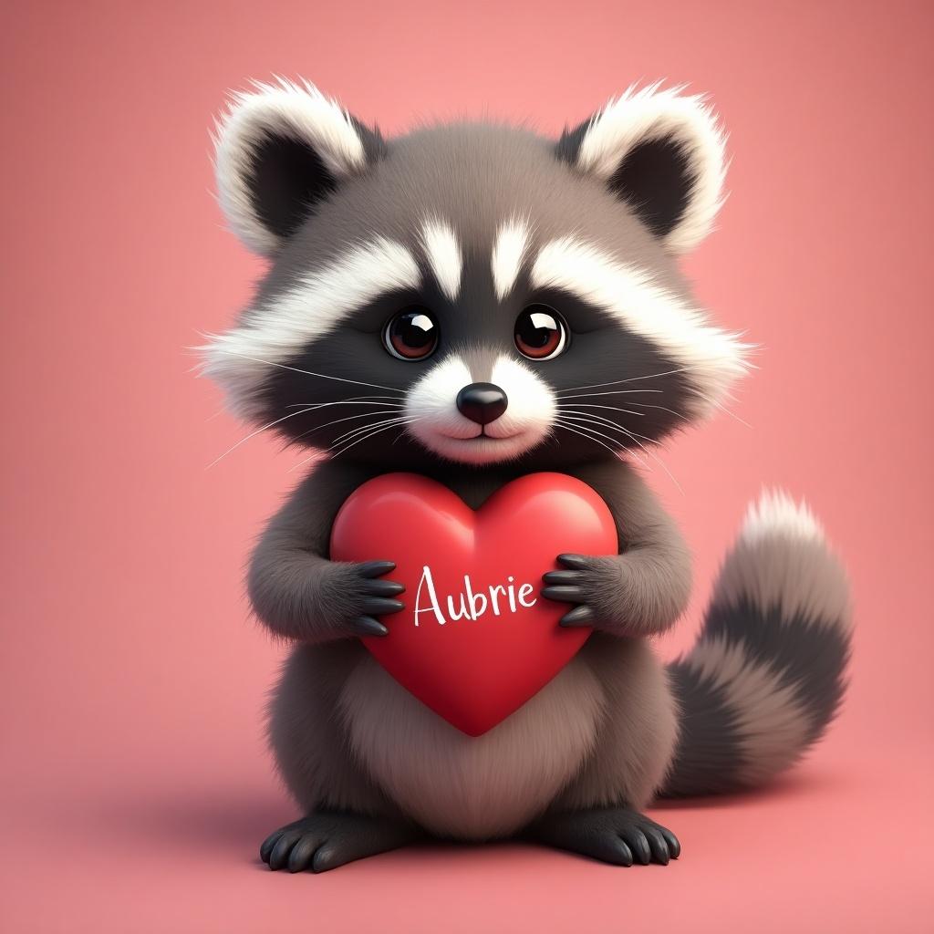 Fluffy baby raccoon holds a red heart with the name Aubrie. The raccoon is on a soft pink background. The character looks cute with a friendly expression. Ideal for Valentine's Day themes.