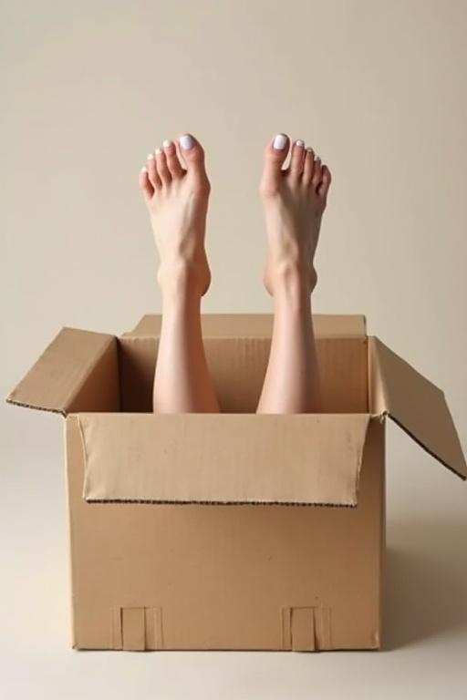 Female feet protruding from a large cardboard box. Flaps of the box are open. Feet have white nail polish. Background is simple and neutral.