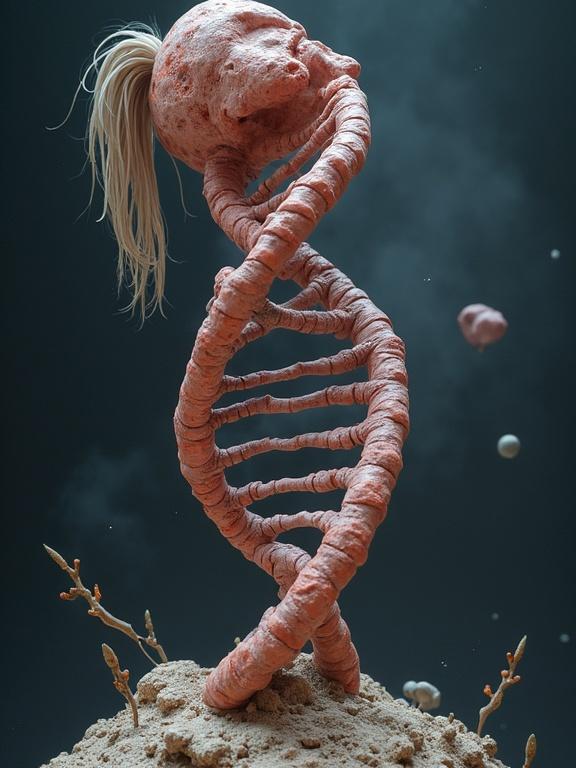 A DNA structure represented as a fossil. The sculpture features a skull with a ponytail. Hyperrealistic details create a striking visual. Set against a dark background with soft lighting to enhance depth.