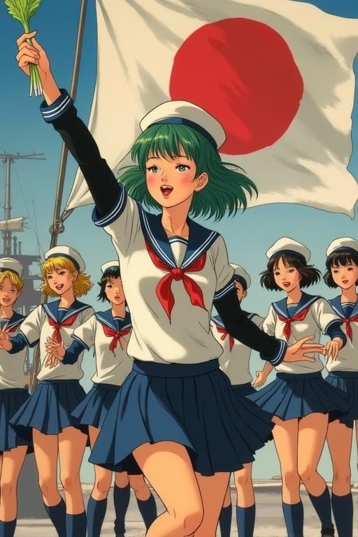 War propaganda image featuring female sailors on a Japanese frigate. One girl in a low-cut sailor uniform dances while holding a leek. The background shows a Japanese naval imperial flag waving. Other female sailors accompany her on the deck.