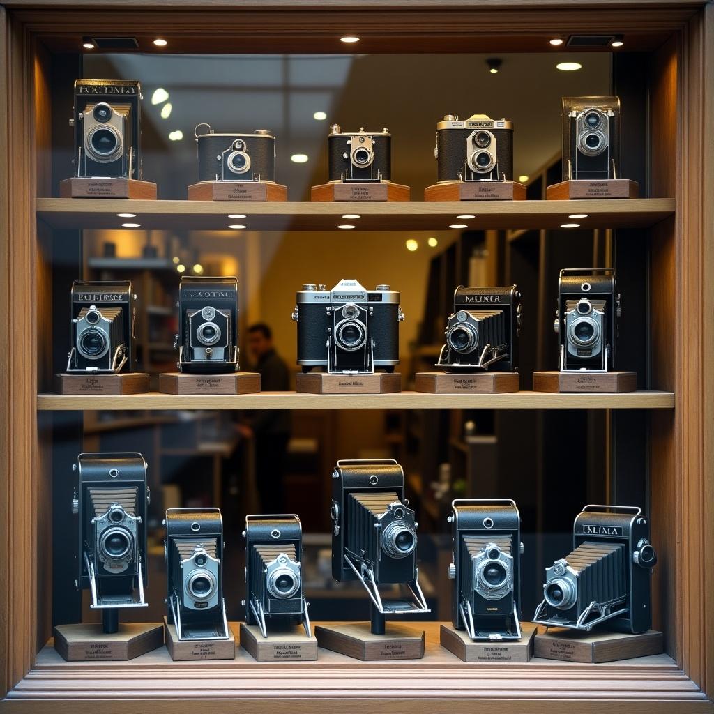 Store window displays collection of vintage cameras. Showcase of different camera models featuring wooden shelves. Display attracts attention with warm lighting.