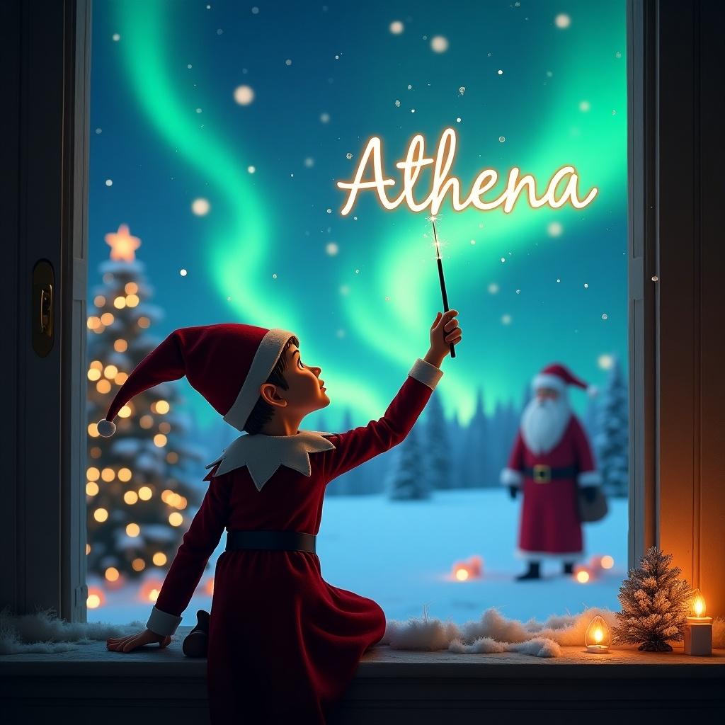 Elf on the shelf with back to image facing the sky using wand to write child's name 'Athena' in the sky. Background features magical Christmas scene with northern lights and Santa Claus. Magic wand is elegantly writing names 'Athena' and 'Arya' in the air.