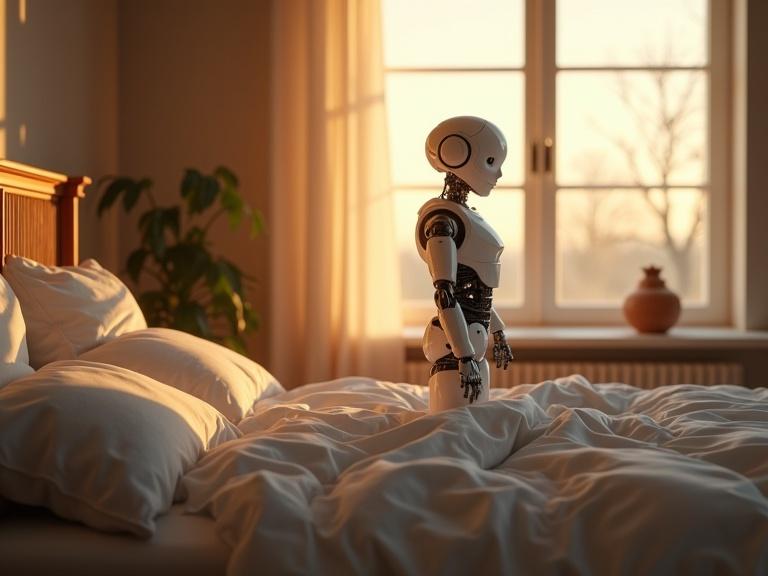 Futuristic AI assistant stands by a bed in morning light. The scene depicts an intimate, serene atmosphere with the robot looking towards a window. Warm sunlight spills into the room, enhancing the tranquil environment.