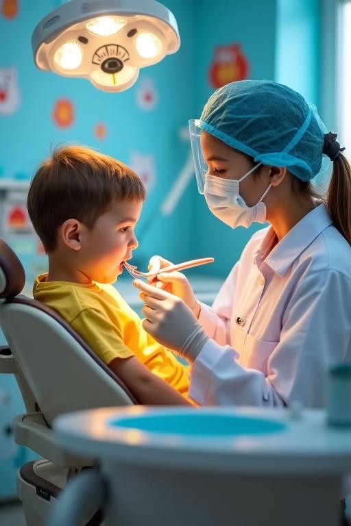 Child patient in a colorful pediatric dental clinic. Dentist examines teeth using dental mirror. Both wearing protective gear. The environment is playful with cartoon decorations and warm lighting.