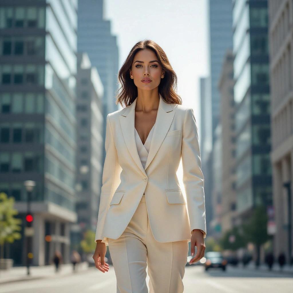 A poised woman walks in an urban setting. She wears a chic cream-colored suit. Towering modern buildings frame the background. Bright daylight casts crisp shadows. Her composed expression suggests a blend of modern sophistication and elegance.