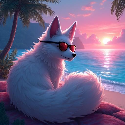 White fox character wearing glasses relaxes on a tropical island during sunset. Soft warm lighting illuminates the scene. Beach and palm trees create a serene environment.