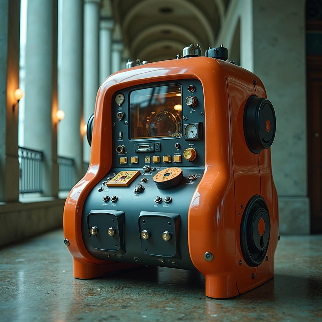 Futuristic synthesizer design with retro style. Bright orange color. Seen in a grand, artistic space. Features various dials and buttons for music creation. The setting enhances the retro-futuristic aesthetics.