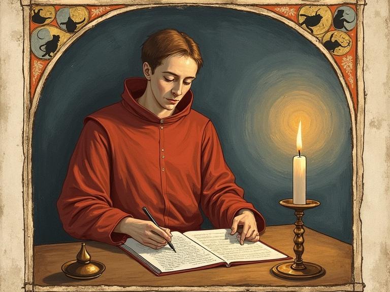 A monk writing at a desk by candlelight. The monk copies the papal bull 'Vox in Rama'. Cat-shaped ink blot patterns in the margins. Late-15th-century style. Illuminated manuscript details. Tempera and shell-gold on vellum. Flat medieval perspective. Features fine brown-ink outlines. Subtle parchment texture. Ultra-high-resolution 4K.
