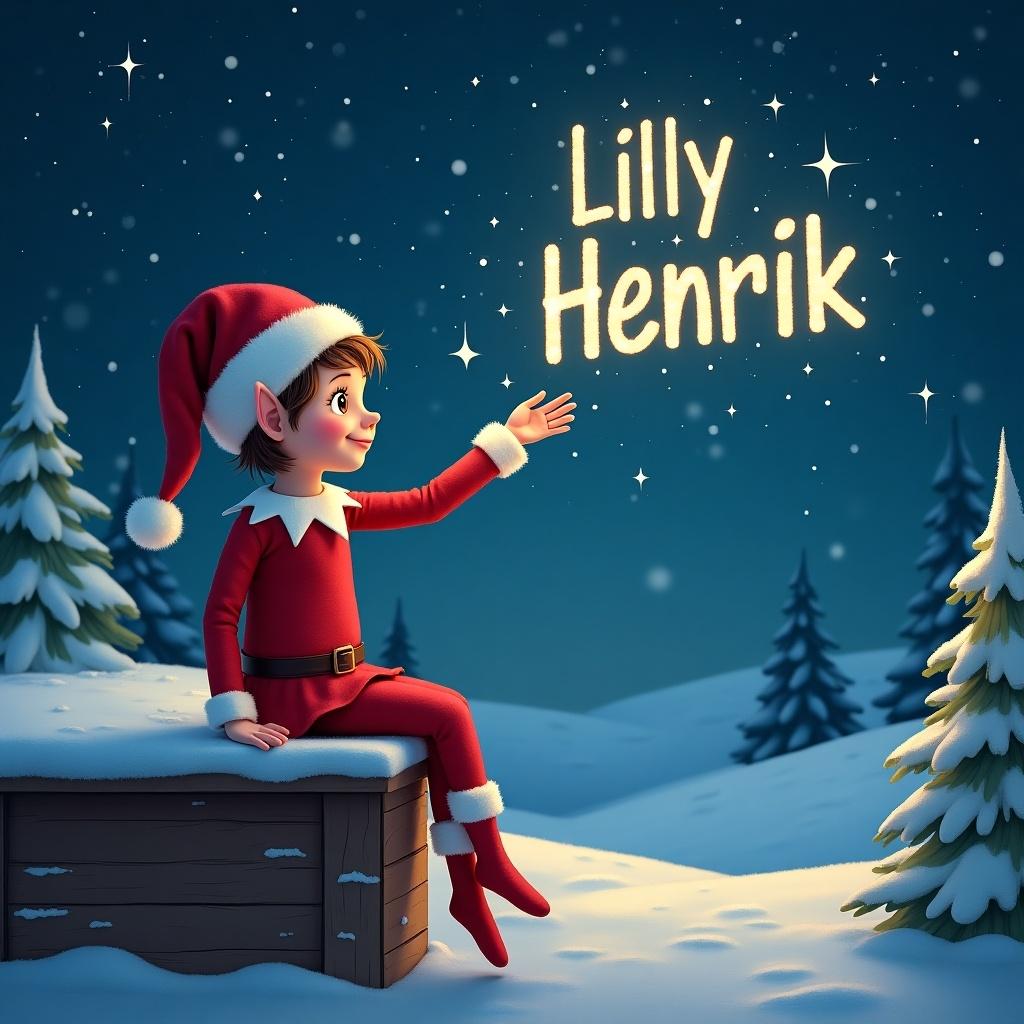 Elf girl in red outfit sits on a shelf at the North Pole. Elf wears a Santa hat. Elf writes the names Lilly and Henrik in glowing letters in the night sky. Background features snow-covered trees and twinkling stars.