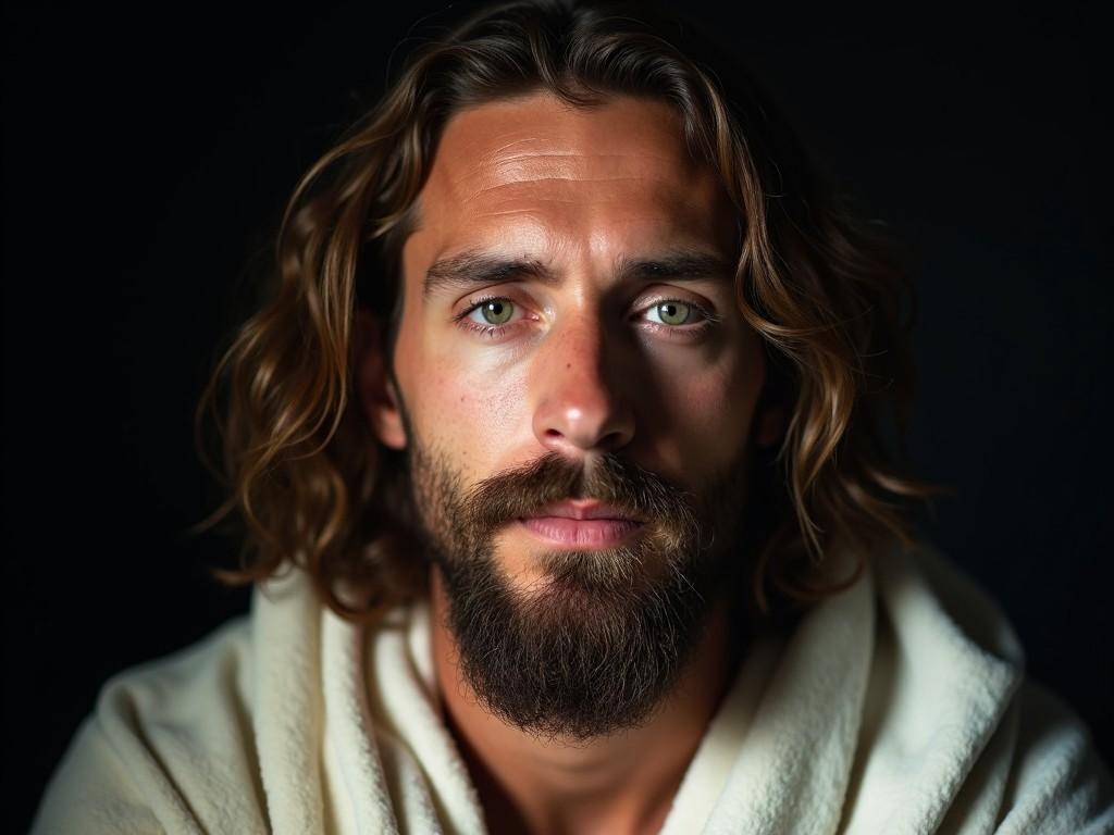 The image features a close-up portrait of a man with long, wavy hair and a full beard. He has striking green eyes that draw attention, set in a soft, warm face. The lighting is dramatic, highlighting one side of his face while casting the other side in shadow. He wears a simple, flowing white garment that wraps around his neck and shoulders. The background is dark, which enhances the contrast and emphasizes his facial features, creating an intimate and solemn atmosphere.