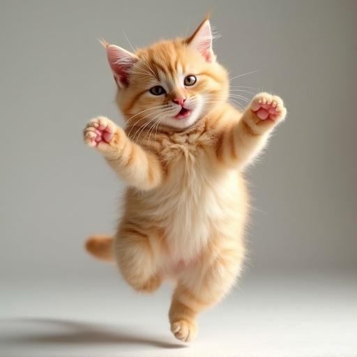 A peach-colored cat jumps in the air frozen in a funny pose that resembles dancing