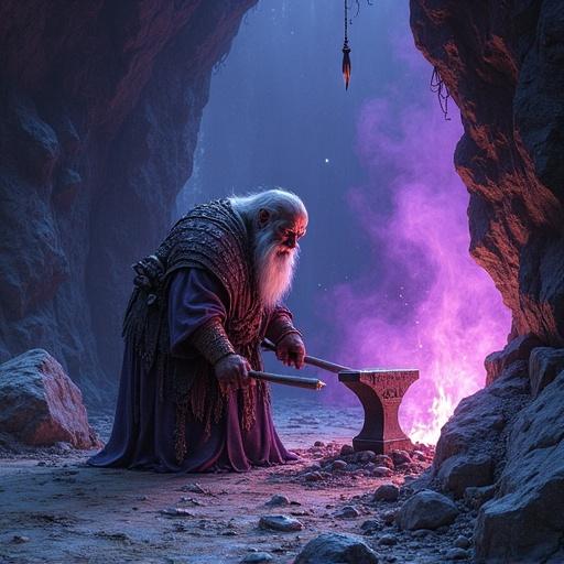 A malevolent dwarf hammering steel at an anvil in darkforge caves. A purple aura surrounds him as he mutters. Twisted form suggests evil intent.