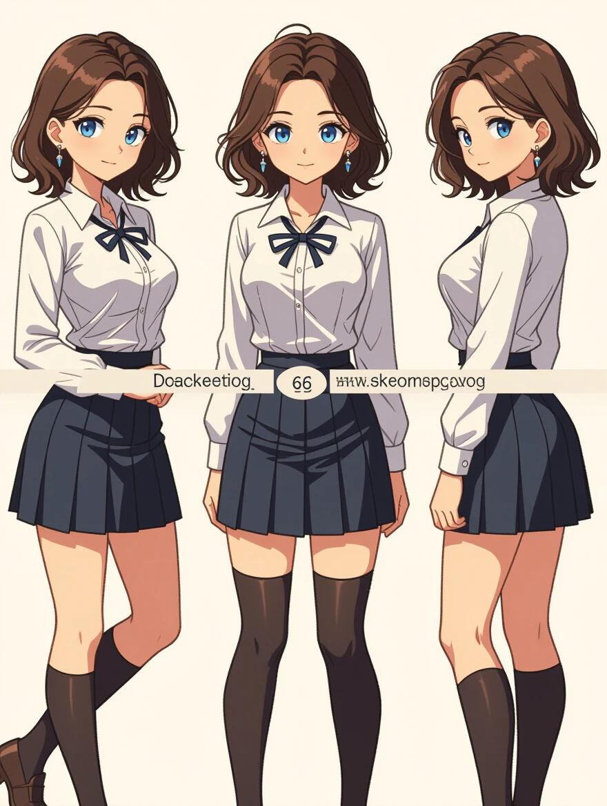 Full body image of a mature female character in a tight school uniform. Character has dark brown hair styled messily at shoulder length. Features include liquid-blue eyes and a small mouth. Padded skirt with high-knee socks. Depicts an energetic and fashionable style.