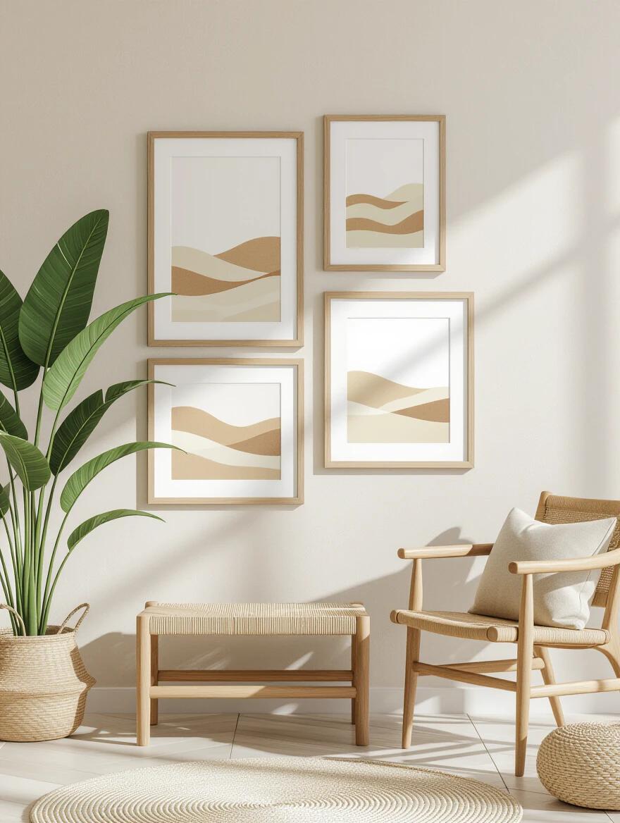 Wall art mockup featuring three medium-sized picture frames in wooden frames. Sand colored and earthy tones create a calm interior. Two big plants and some furniture enhance the zen-like mood. Light colored walls and natural lighting make the space inviting. The picture frames are clearly visible without obstruction.
