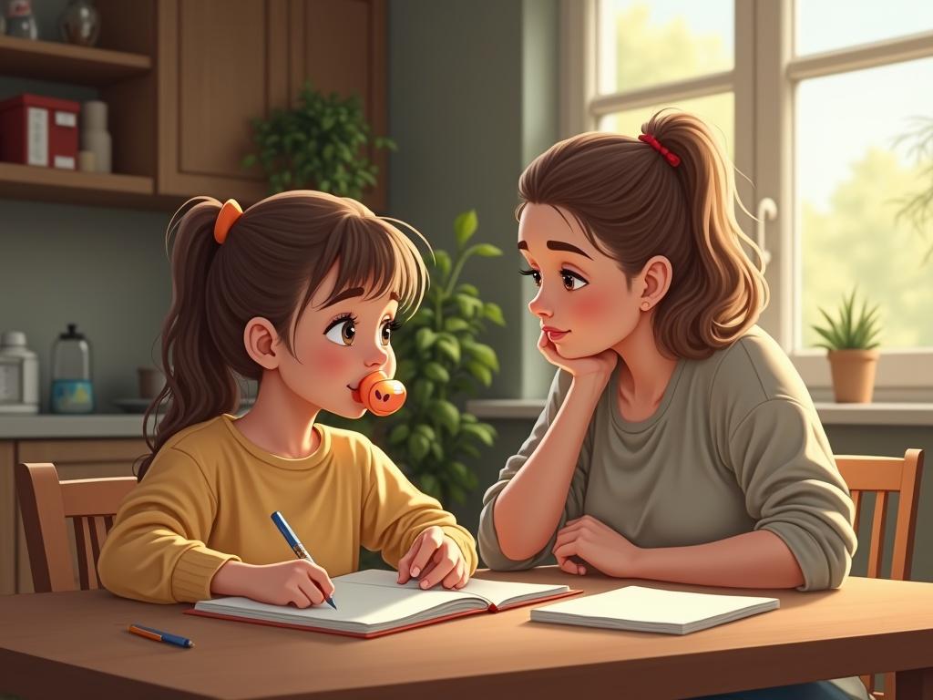 Young girl does homework at home. Mother helps with the work. The room looks cozy and is well-lit.