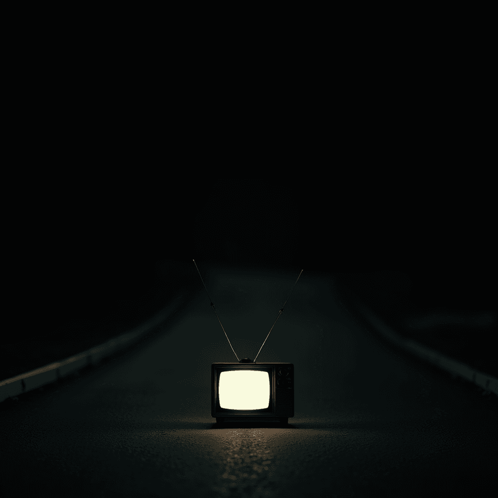 A vintage TV with antenna emits a soft glow in the dark, placed in the middle of a deserted road.