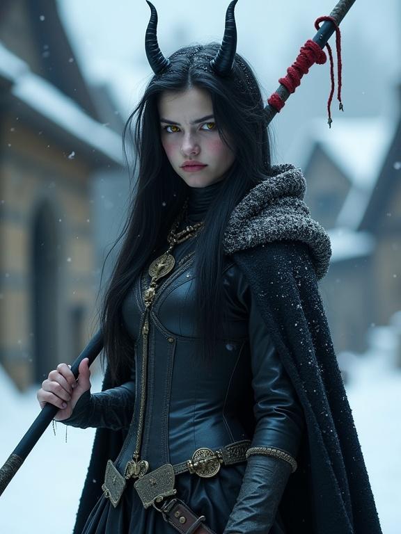 Photorealistic image of a young devil woman with black hair and small horns. She has smooth deep blue skin and vibrant yellow eyes. Her expression is sad. She's wearing a corset dress and a heavy cloak. She's standing in a snowy medieval village holding a long lance.