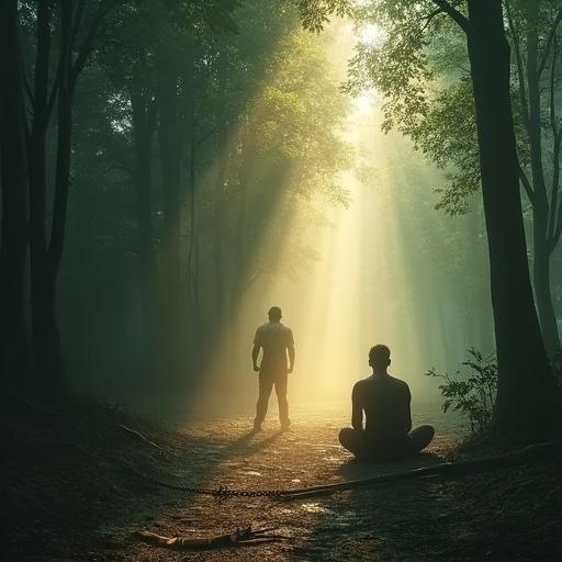 A thumbnail illustrating the journey of inner transformation. Left side depicts a dark forest with a silhouette of a dacoit suggesting solitude and conflict. Elements like broken weapons represent past struggles. Right side shows a serene figure in meditation, surrounded by calm, golden light, symbolizing enlightenment and wisdom. Transition between sections is marked by an ethereal light representing transformation.
