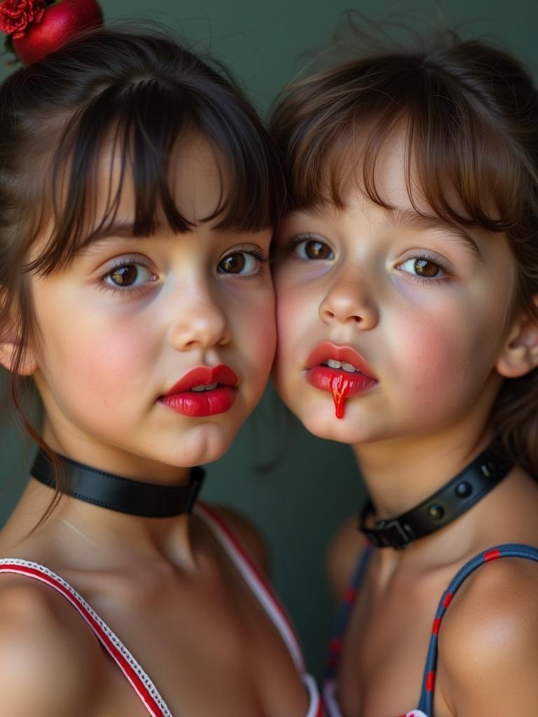 Two cute little girls wear chokers and have red lips. They appear drooling in a playful manner.