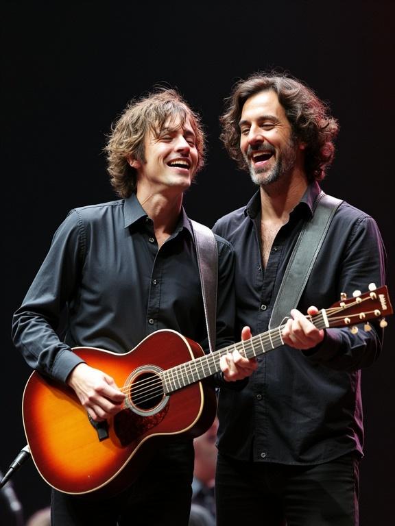 Two musicians on stage together. Both smiling. One plays an acoustic guitar. Focus on their joy in performing together. They wear matching dark shirts. Soft stage lighting enhances the atmosphere.