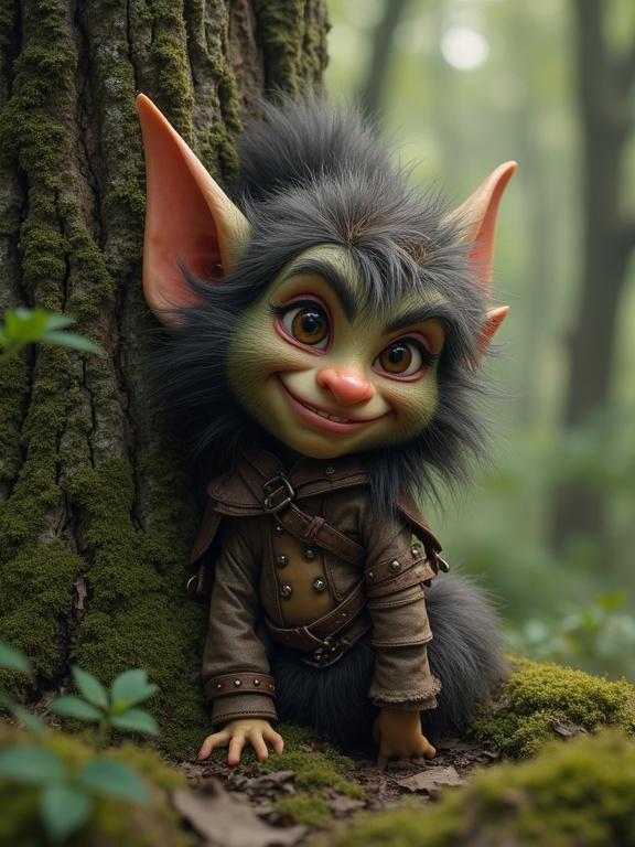 Troll character hides behind a tree in a lush forest. Character has a mischievous grin and wears handmade clothing. Scene styled in a whimsical fantasy aesthetic.