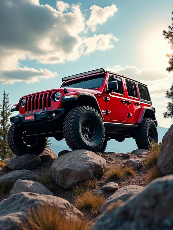 A rugged Jeep Wrangler Ruby Red rests on rocky mountain terrain. Dramatic lighting accentuates the vehicle's curves. The sun peeks through scattered clouds. Shadows illuminate surrounding boulders and pine trees. The scene evokes adventure and exploration. The Jeep's metallic finish contrasts with earthy rock tones. Capture the essence of outdoor adventure with a focus on light and landscape.