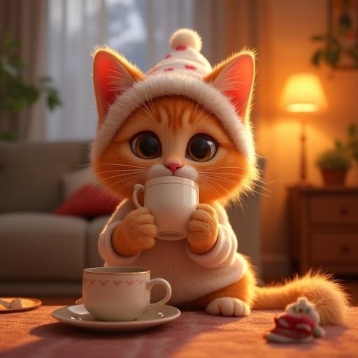Cute fluffy orange cat wearing pajamas and a nightcap drinking milk. Cozy living room with warm tones and sunset lighting. Hyper-realistic 3D rendering with an adorable expression.