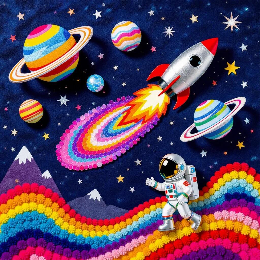 Pom pom art scene created with colorful materials. Space filled with marbled planets and metallic rocket. Astronaut character on rainbow landscape. Vibrant cosmic clouds and sparkling stars. Light creates shadows on planets. Whimsical depth enhances view of galaxy.