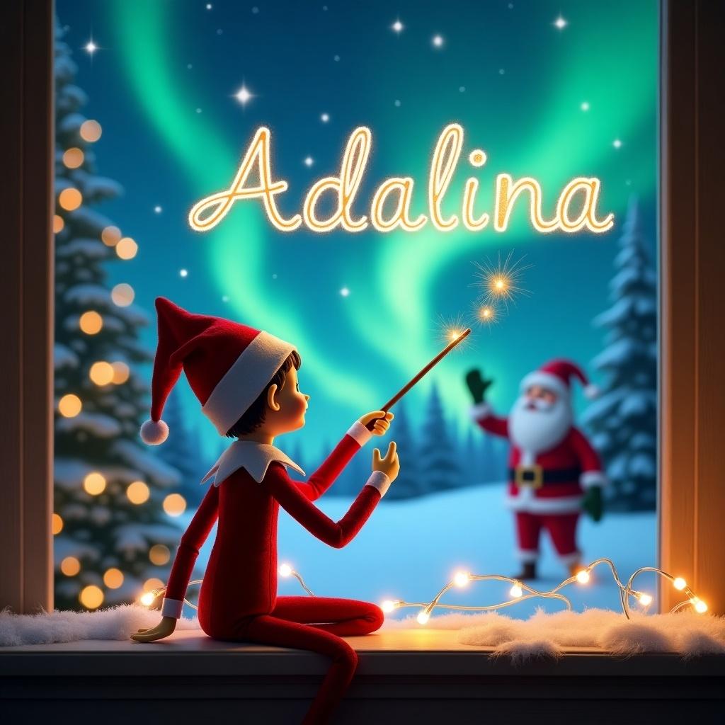 Elf on the shelf faces sky. Uses wand to write Adalina in the air. Background shows magical Christmas scene with northern lights and Santa. Elf wears red outfit and hat.