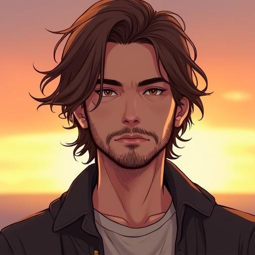 Illustration features a character with medium-length tousled brown hair and a short beard. Character wears a dark jacket over a lighter-colored shirt. The background shows a gradient of warm colors hinting at sunset or sunrise.