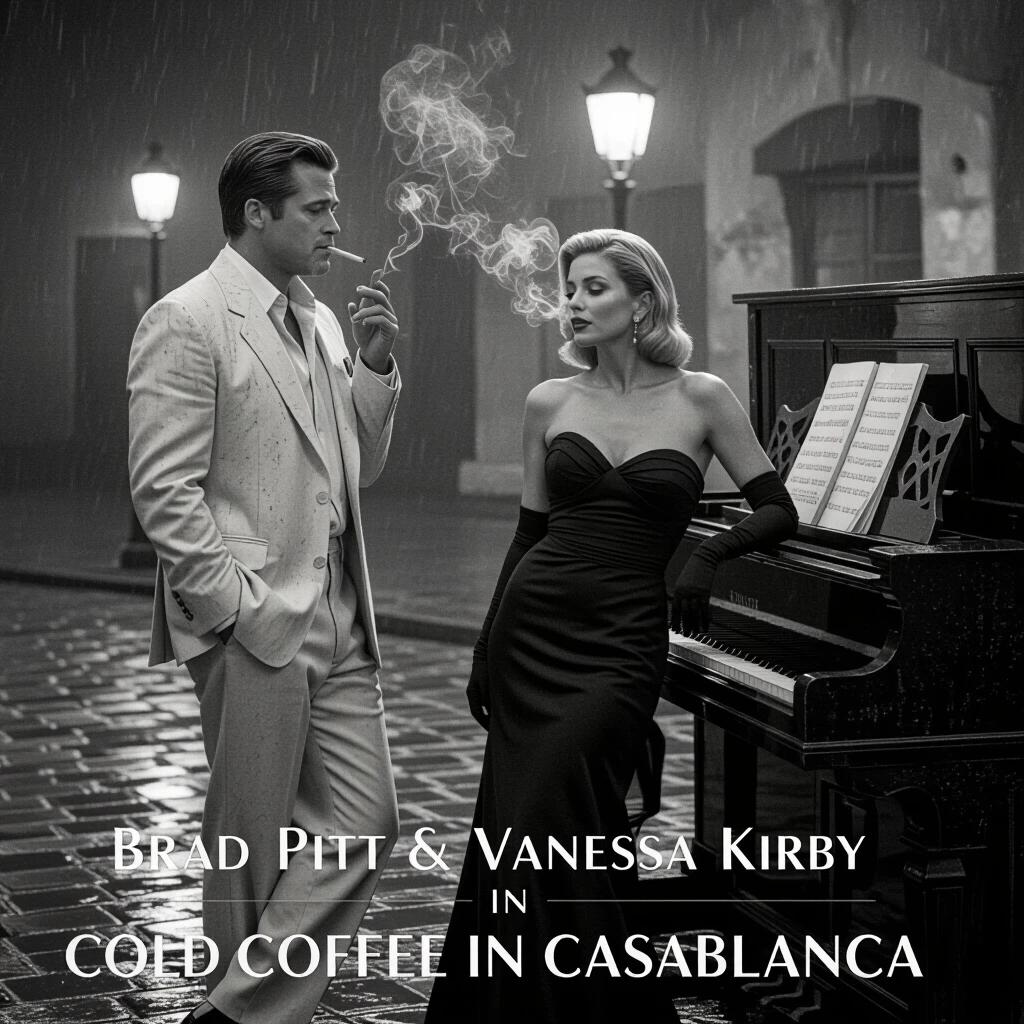 Sepia-toned noir romance featuring Brad Pitt in white suit lighting cigarette. Vanessa Kirby in backless gown leaning on dusty piano. Rainy reflections on cobblestone in Casablanca. Moody lighting with curling smoke. Title reads: Brad Pitt & Vanessa Kirby in COLD COFFEE IN CASABLANCA.