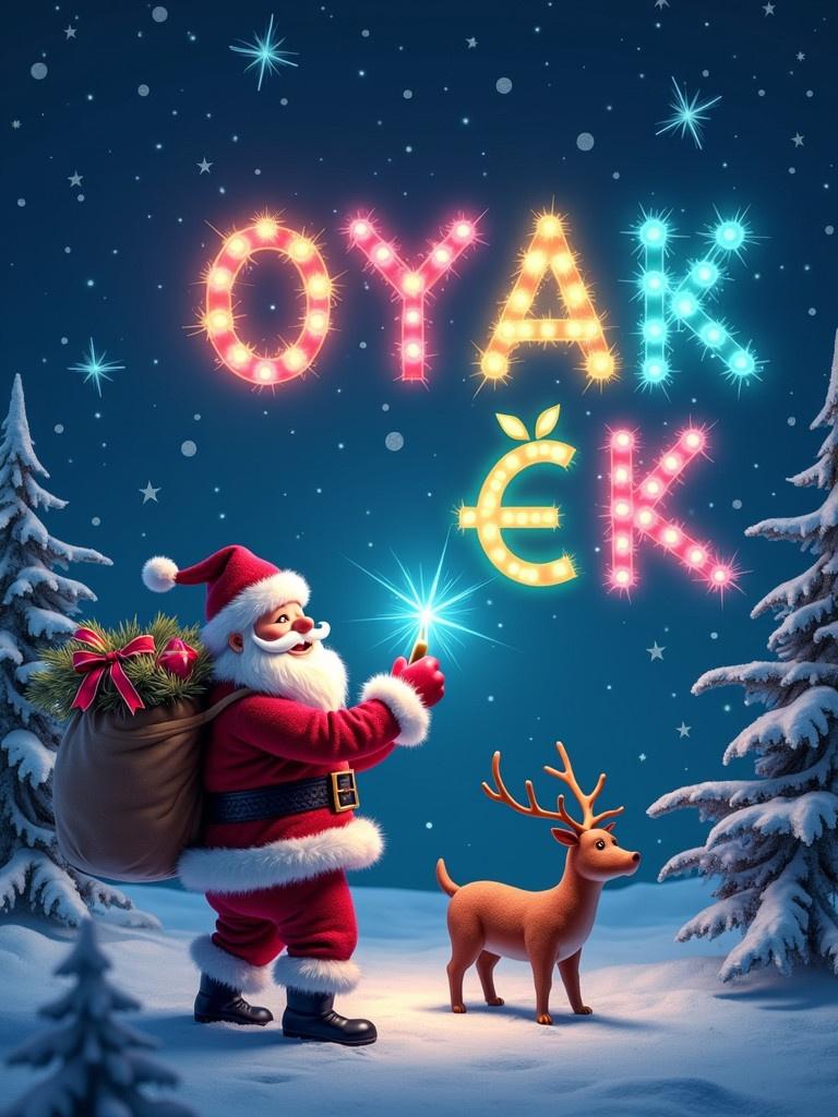 Beautiful Christmas scene with Santa. Santa wears red outfit. Santa holds a glowing pen. Santa writes in the sky. The name 'OYAK İK' appears with colorful lights.