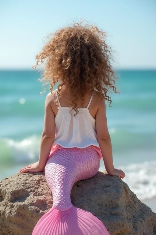 A toddler mermaid with curly brown blonde hair and white skin sits on a rock by the ocean. She has a pink shimmering tail and wears a white vest top. The child is looking out towards the shore.