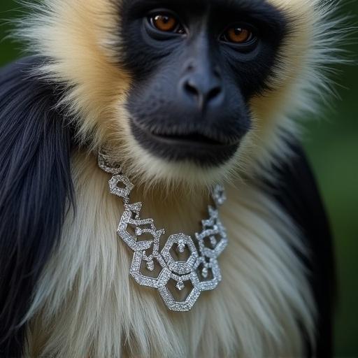 Photo of a colobus monkey wearing a Chopard diamond necklace. The monkey's black and white fur contrasts with shimmering diamonds. Necklace has intricate hexagonal shapes linked by smaller round diamonds. Beautifully captures the light against the monkey's fur.