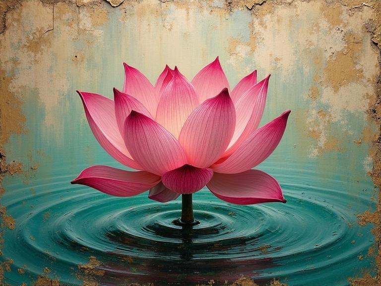 A digital render of a lotus flower emerging from textured depths of oil and pigment. Each petal displays colors like rose and magenta with an aged watery backdrop. The flower floats on a pond with turquoise and jade ripples, flecked with gold. Cracked pigment reveals ancient symbols. The stem appears gnarled and contorted, representing earthy greens. Overall, a representation of spiritual resilience and beauty in decay.