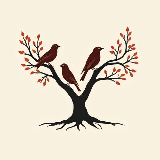 Logo design for Vermillion Bird Productions featuring a tree branch shaped like the letter V, with birds perched on the branch.